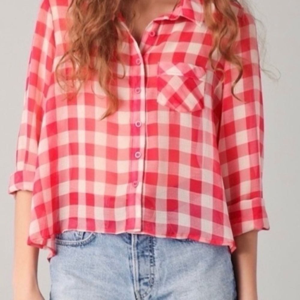 Free People FP Red Gingham Plaid Semi Sheer Flowy Button Front Shirt Size S/P - Picture 3 of 4